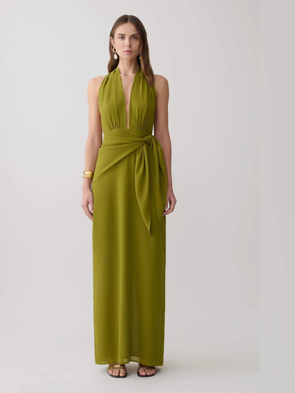 Green formal dress with halter neck neckline