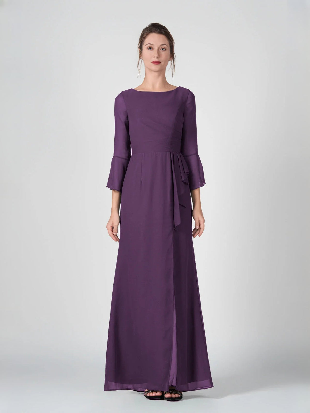 Plum chiffon bridesmaid dress with ruched waist and long side slit, boat neck