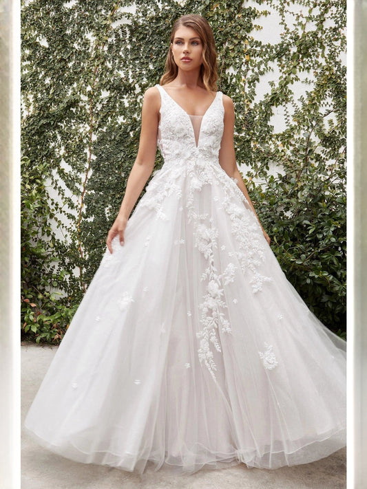 Ivory floral V-neck A-line wedding dress with flower appliques and floor-length tulle