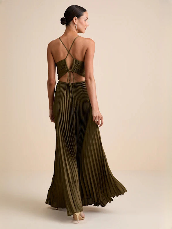 Olive Green a-line maxi formal dress with open back, full-length back view