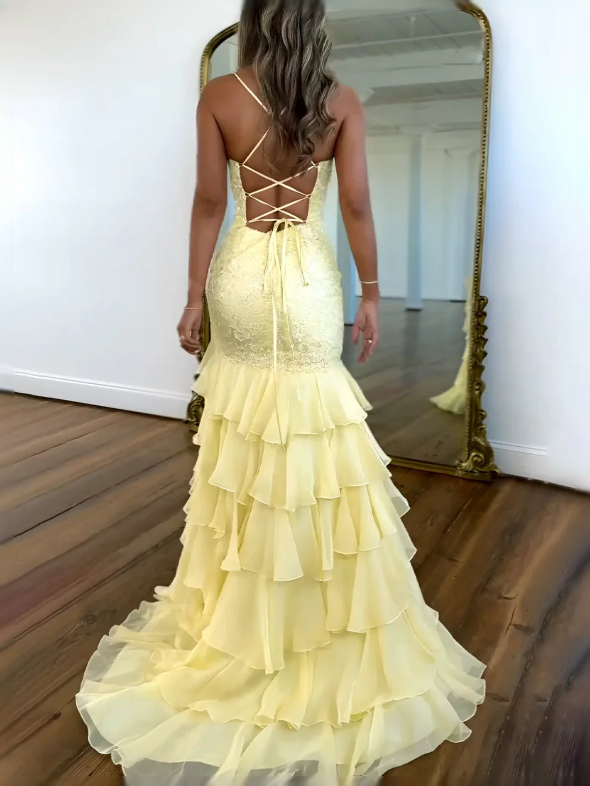 Lemon yellow sequined spaghetti-strap mermaid prom dress with crisscross back