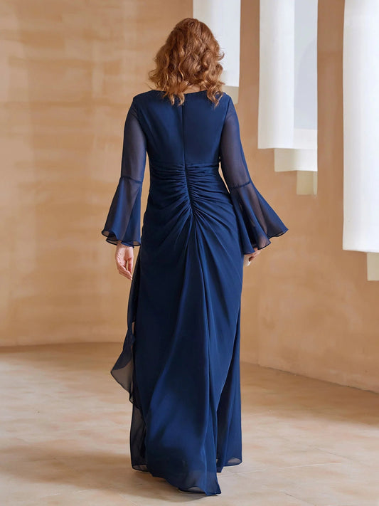 Dark navy chiffon A-line maxi dress, V-back with ruched waist and flowing sleeves