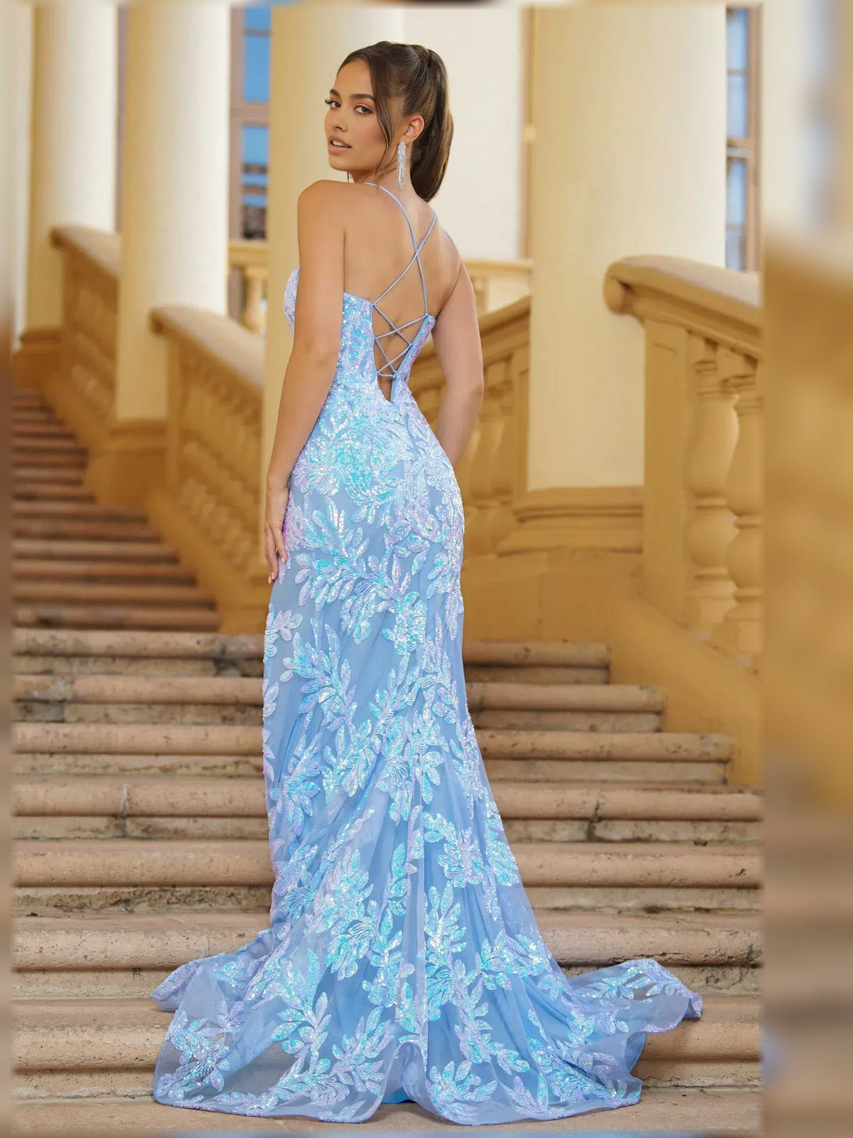Light blue floral print V-neck spaghetti strap dress with crisscross back, front slit