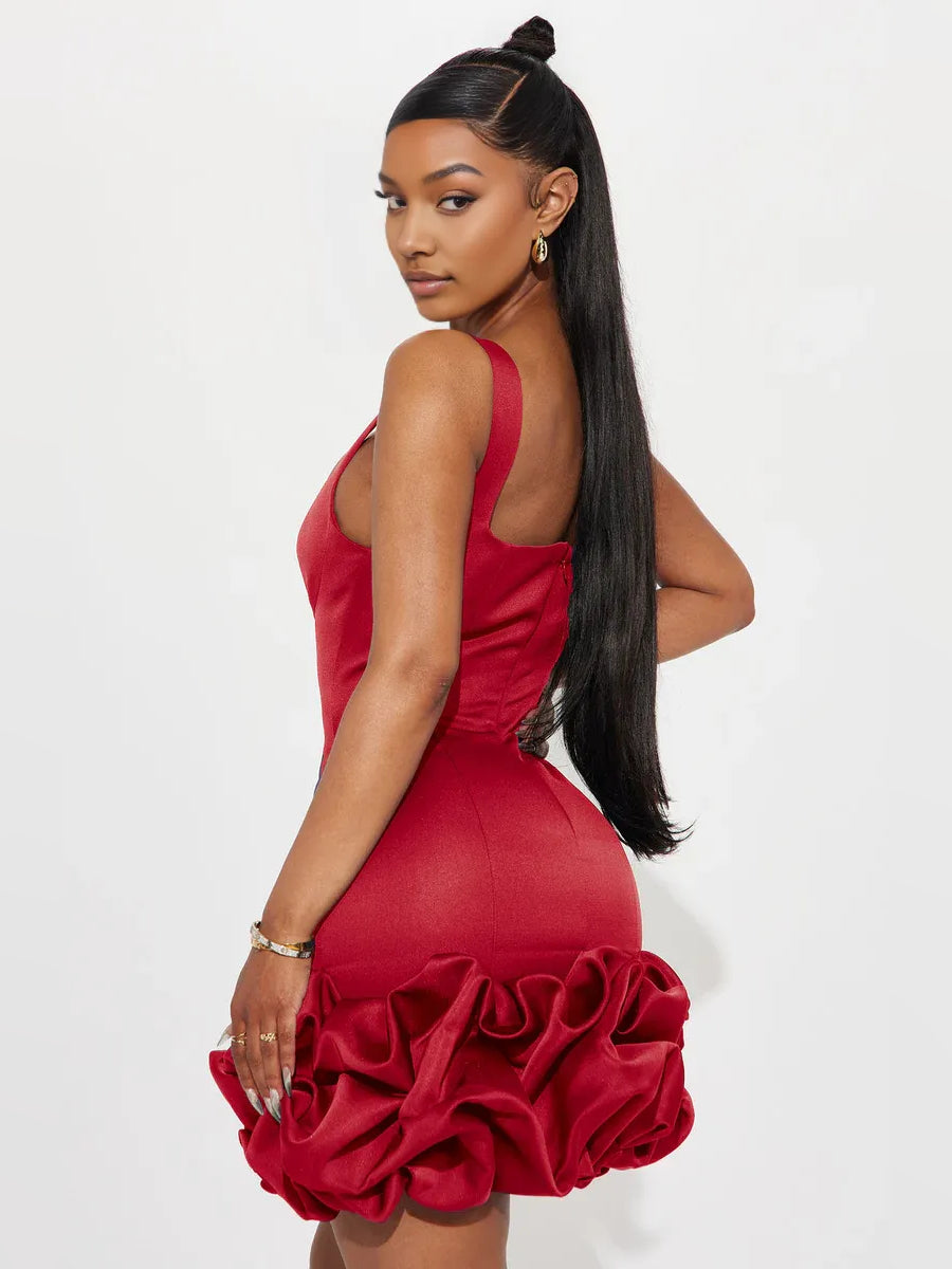 Red satin bodycon mini dress with square neckline and ruched ruffled skirt