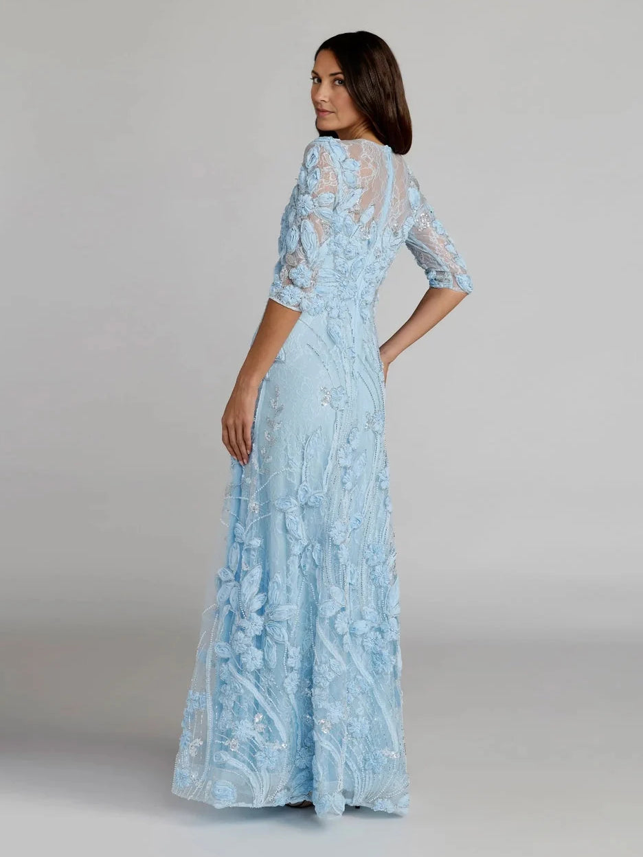 Sky blue floral chiffon sheath dress, V-neckline, three-quarter sleeves, full-length