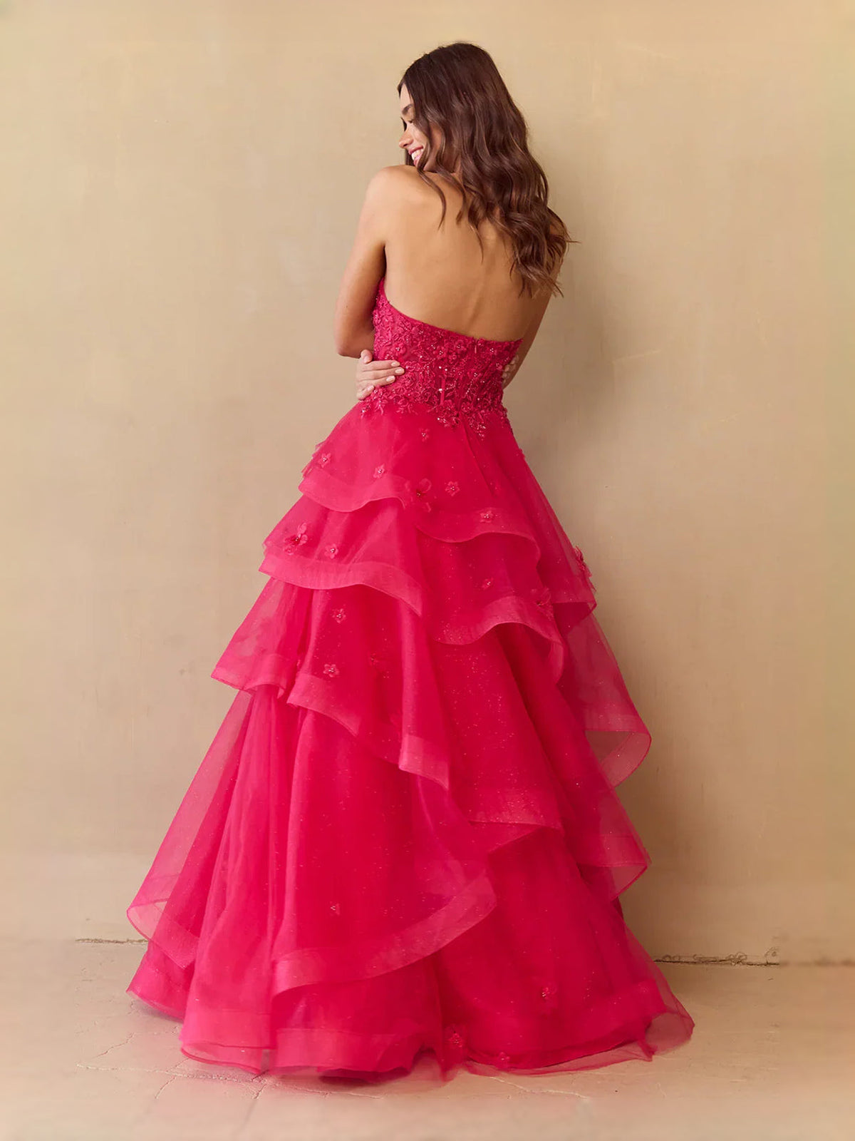 Hot pink sweetheart strapless tiered ruffle tulle prom dress, floor-length