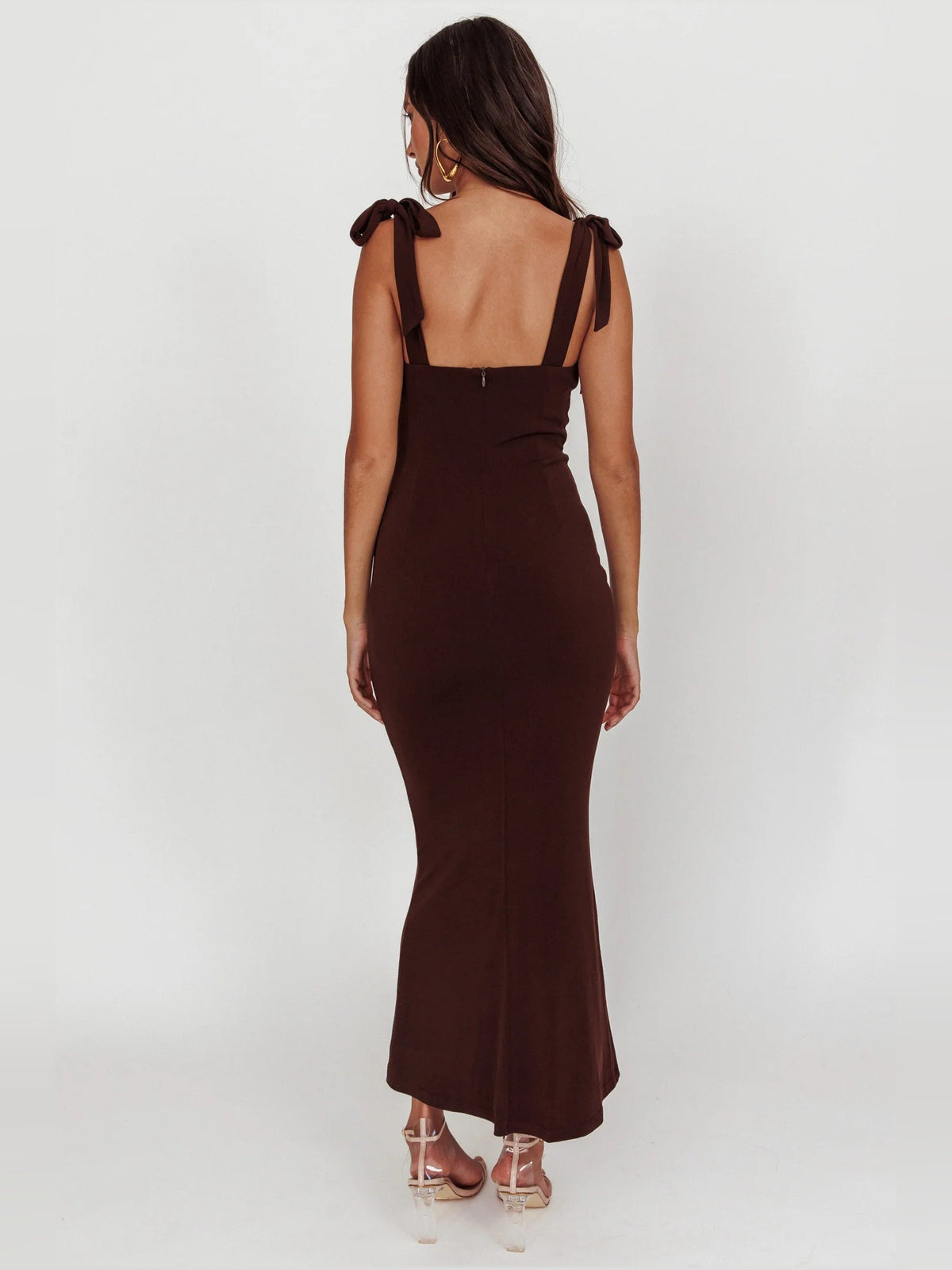 Brown sheath midi formal dress, full-length back view