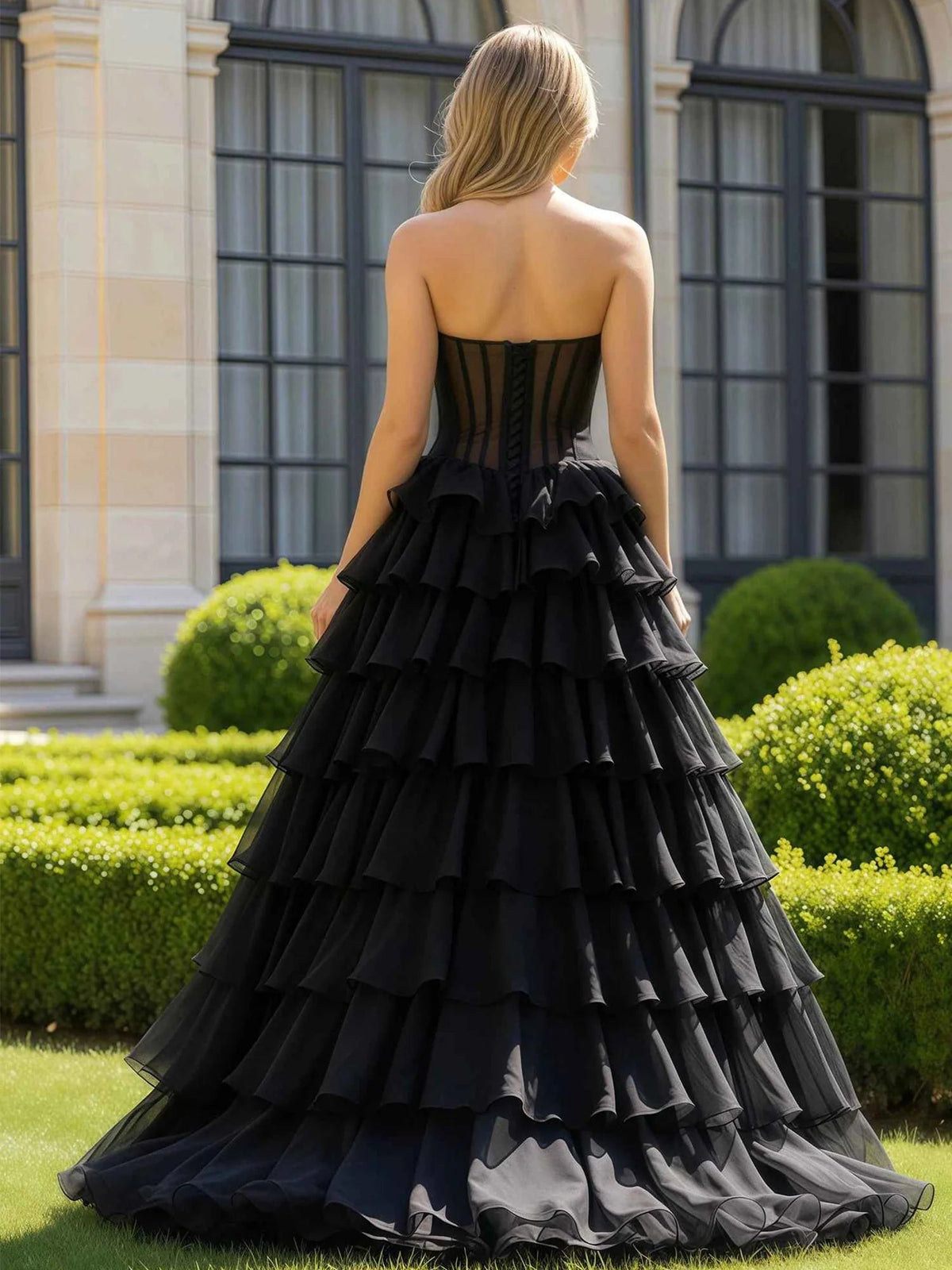 Back view of black corset ball gown with tiered tulle ruffles and open back, floor-length