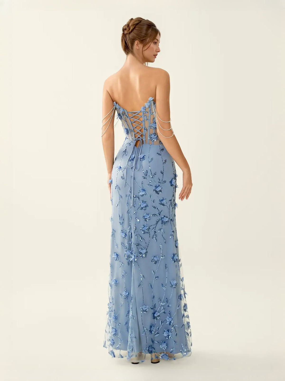 Light blue corset prom dress with floral embroidery, mermaid maxi and open back