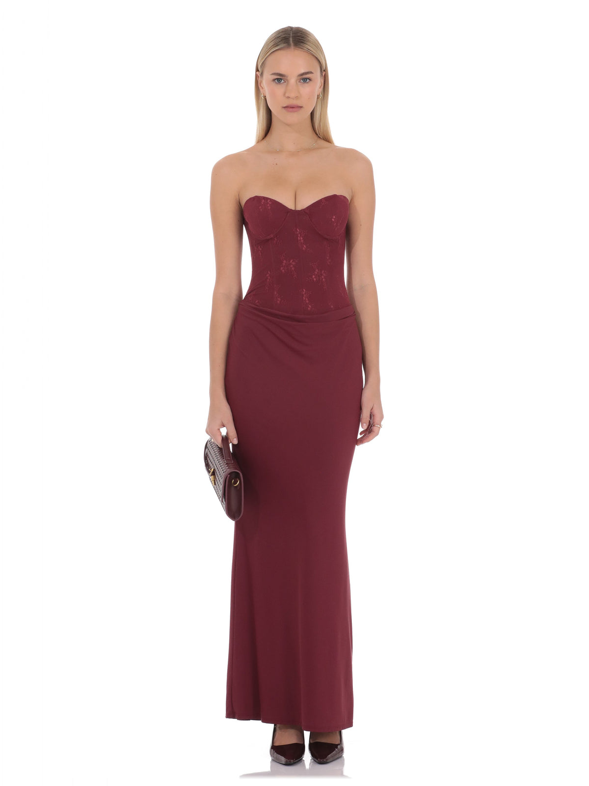 Burgundy bridesmaid dress with strapless neckline