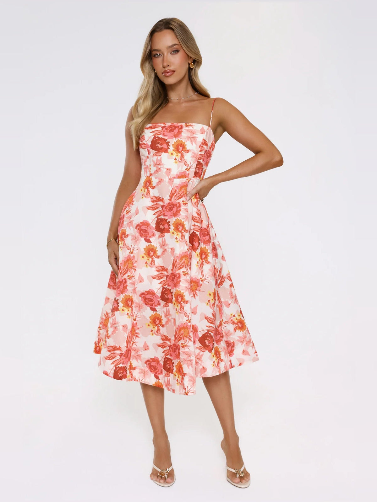 Floral midi formal dress with square neckline, spaghetti straps, flared midi skirt