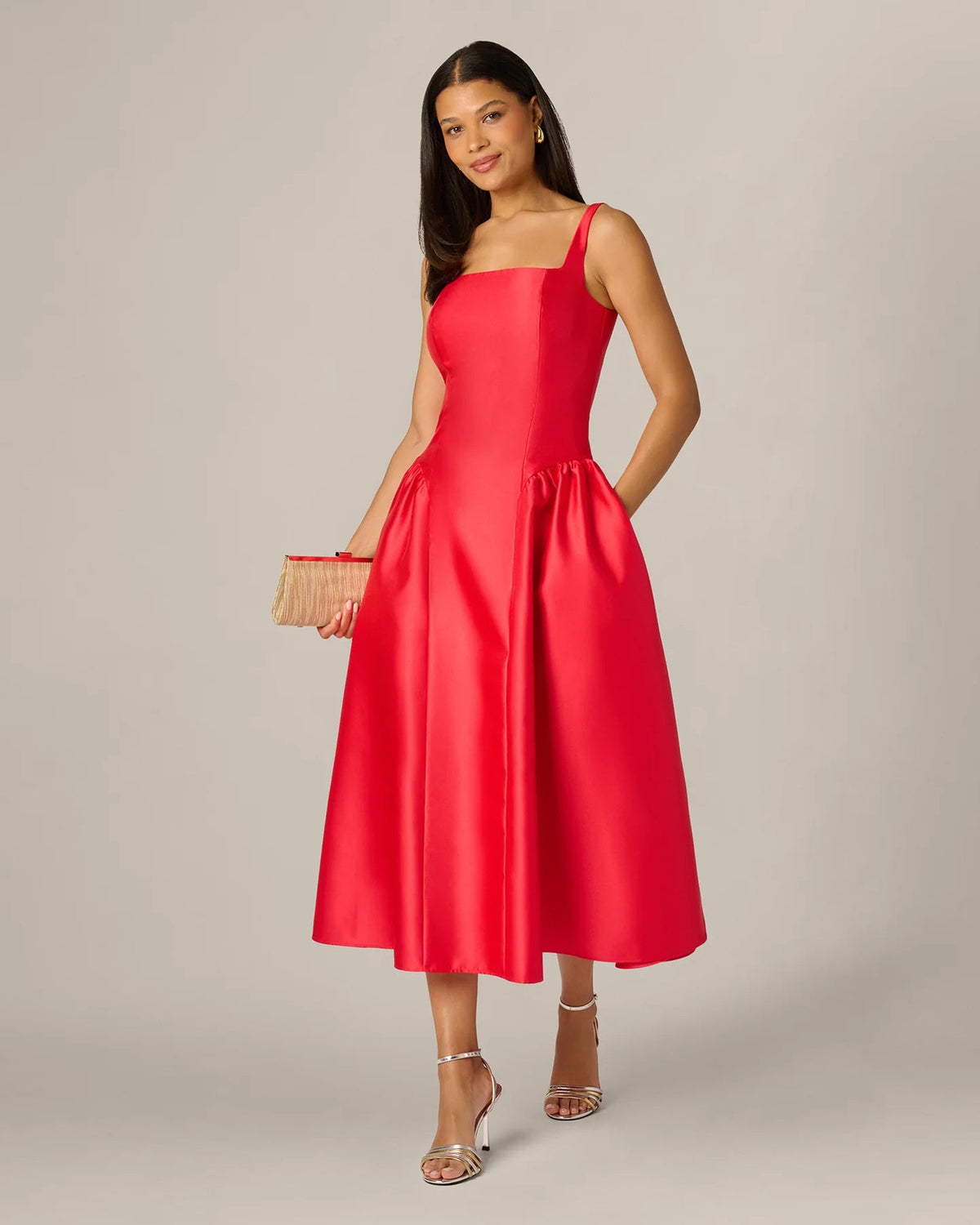 Coral red midi fit-and-flare dress with square neckline, thin straps, gathered skirt