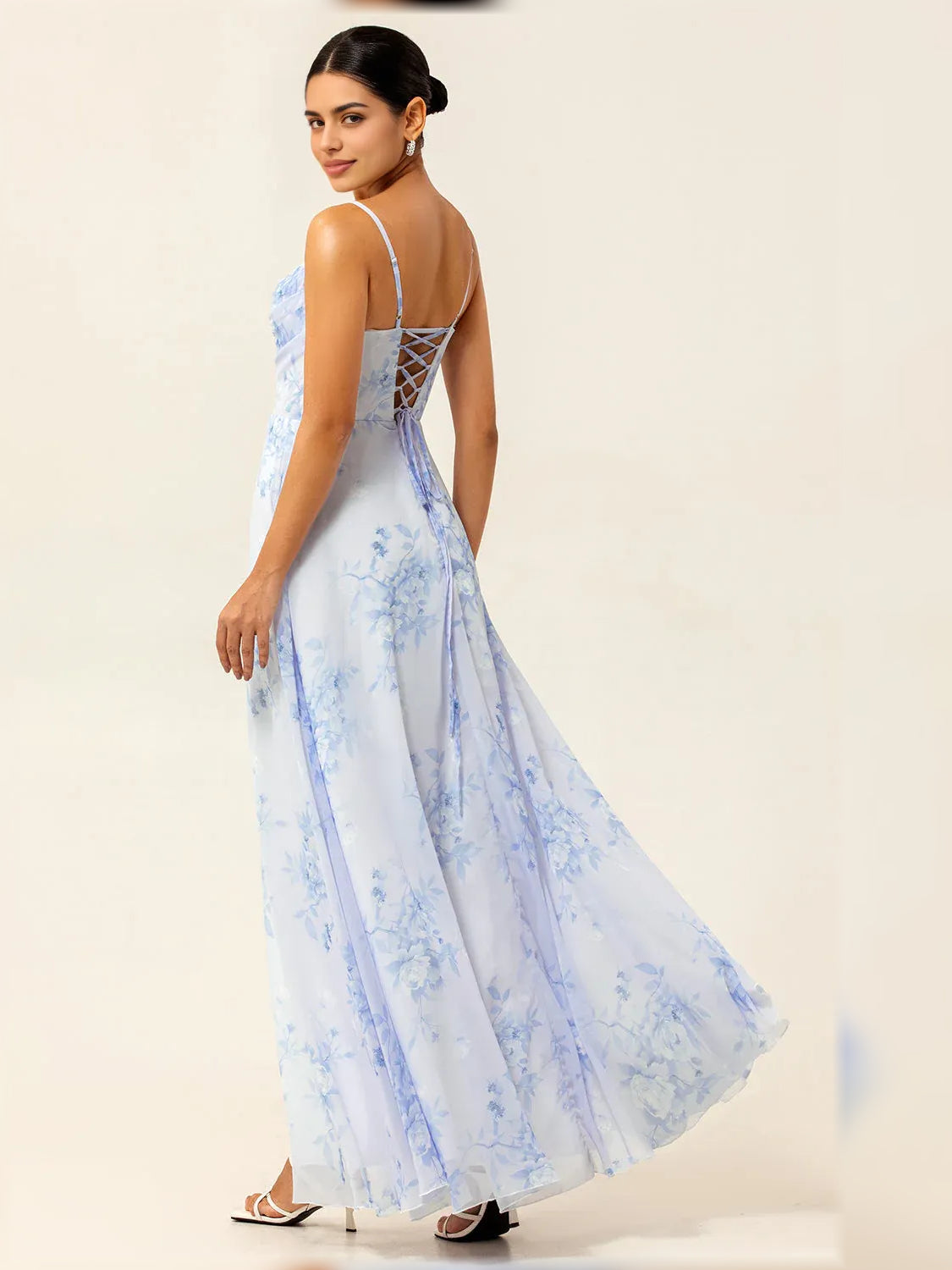 Light blue floral cowl-neck formal dress with crisscross back and front slit, floor-length