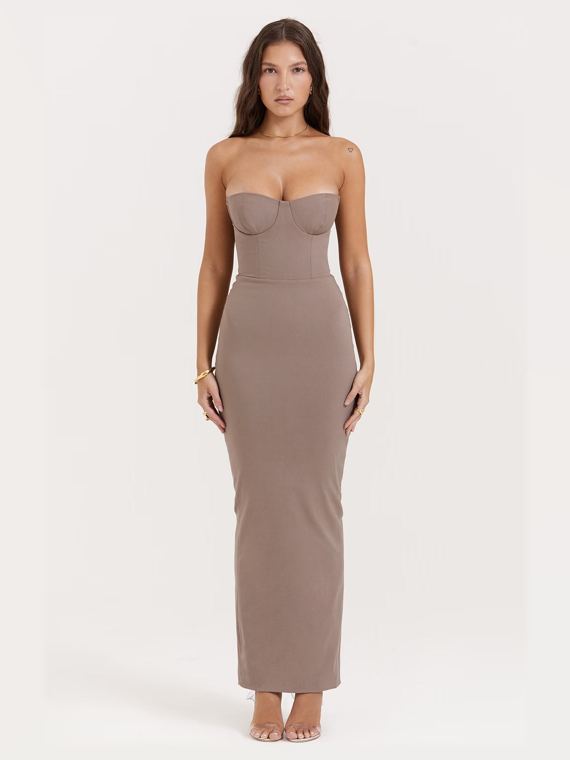 Taupe maxi formal dress, alternate full-length view showing the bodice