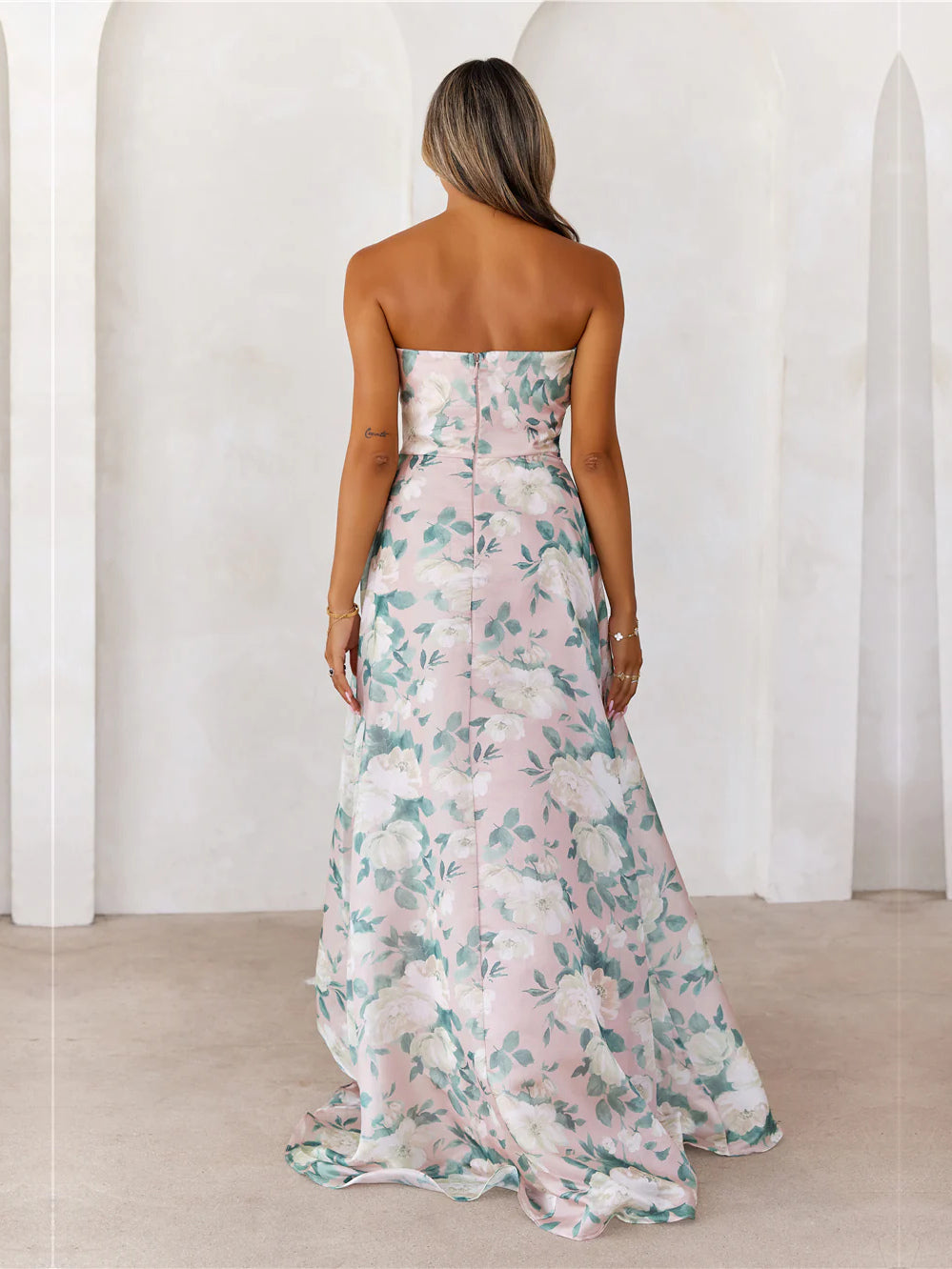 Multi a-line maxi formal dress with floral print, full-length back view