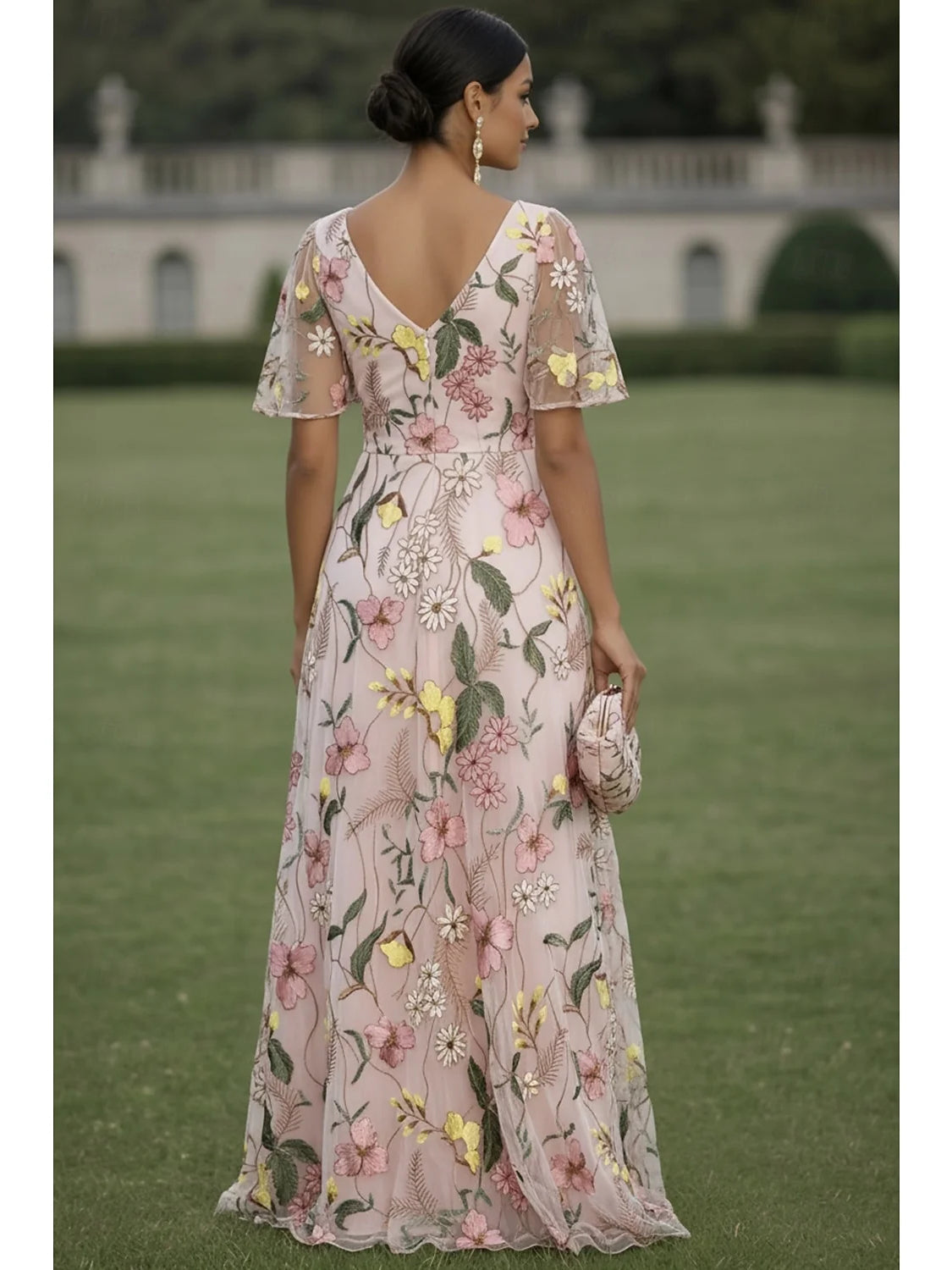 Floral V-neck A-line maxi dress back view, short sleeves, white with pink flowers