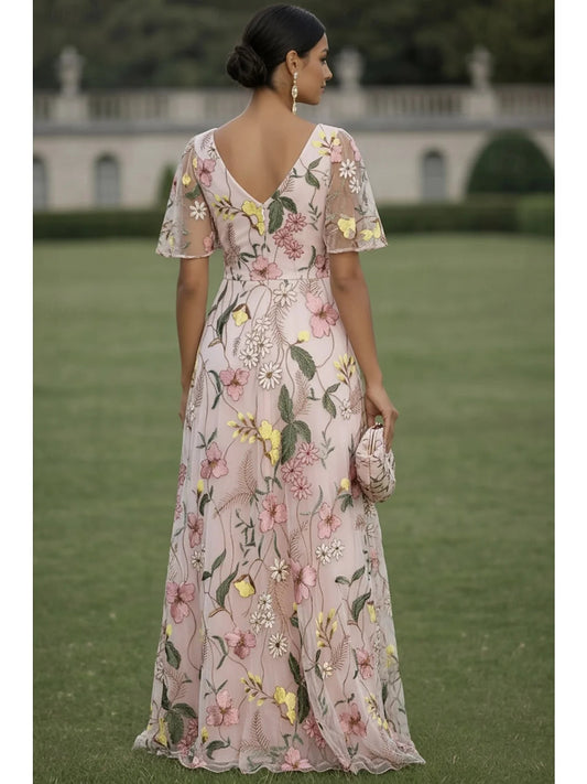 Floral V-neck A-line maxi dress back view, short sleeves, white with pink flowers