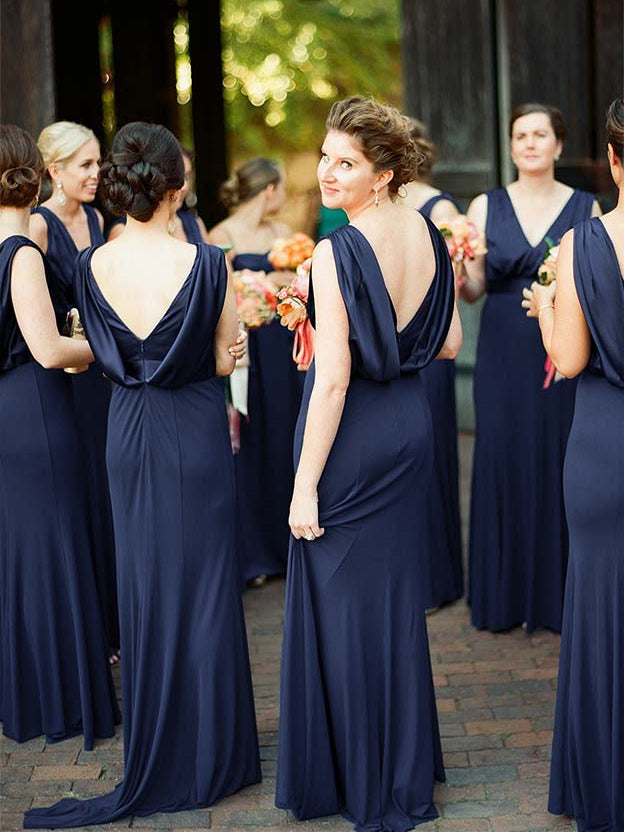Dark navy jersey bridesmaid dress, backless V-neck with back tie detail and A-line hem