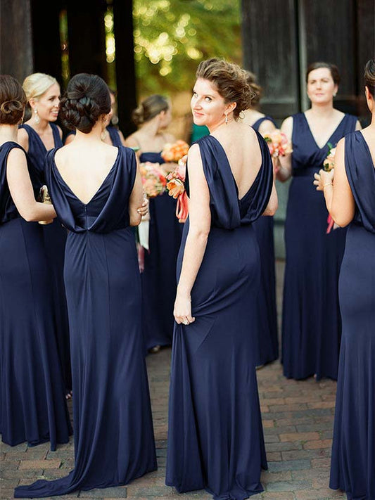 Dark navy jersey bridesmaid dress, backless V-neck with back tie detail and A-line hem