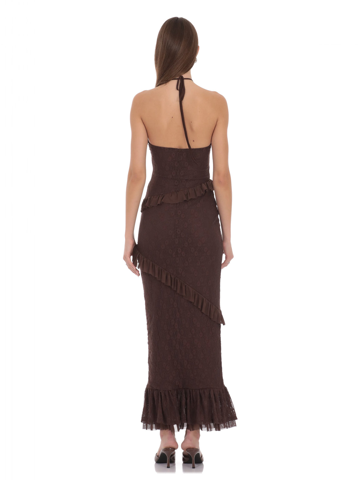 Brown bridesmaid dress with halter neck neckline