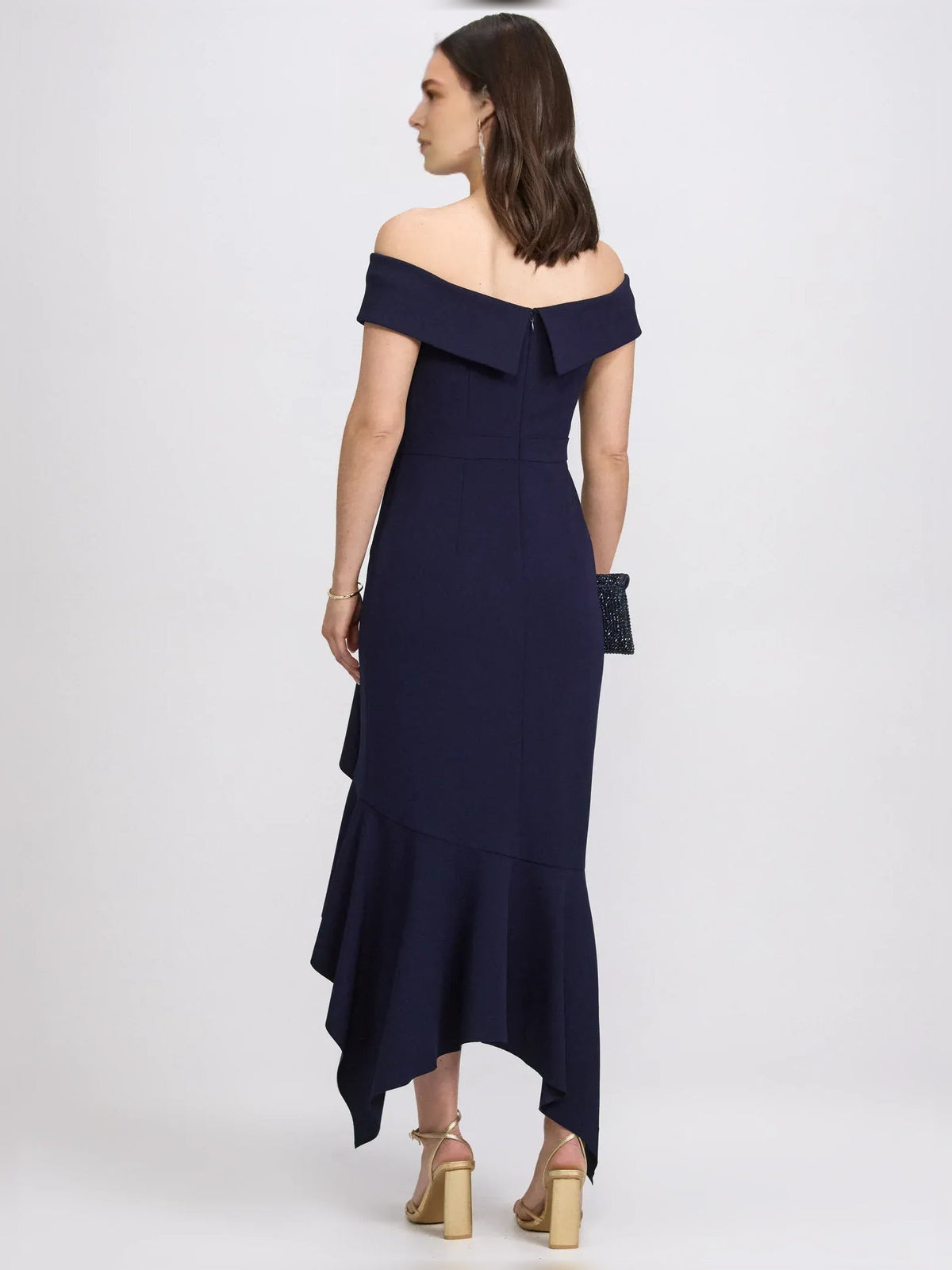 Dark navy off-shoulder midi dress with short sleeves and asymmetrical ruffle hem