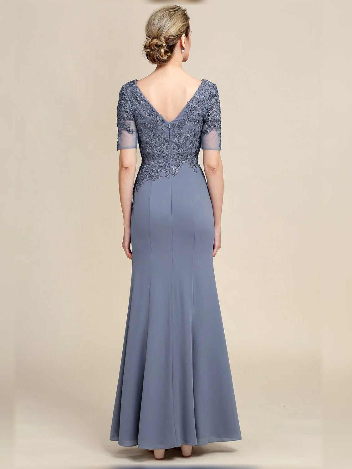 Dusty blue maxi sheath dress, lace cap sleeves, open back with V-shaped yoke