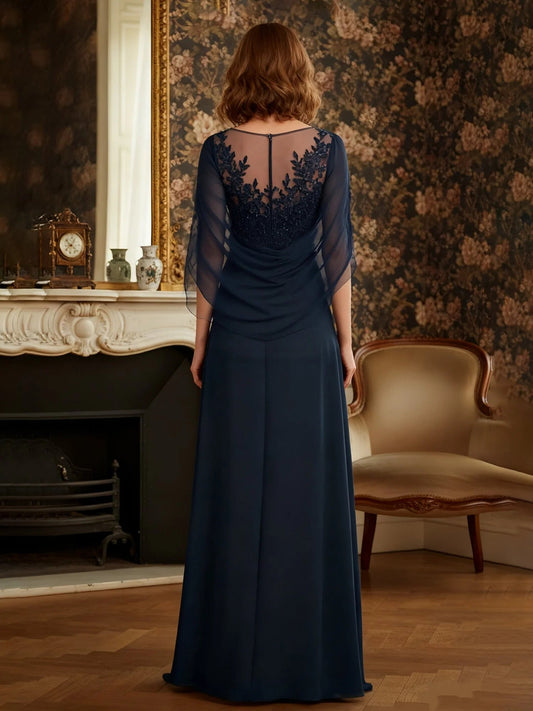 Dark navy A-line maxi dress with sheer back and sequin illusion detail