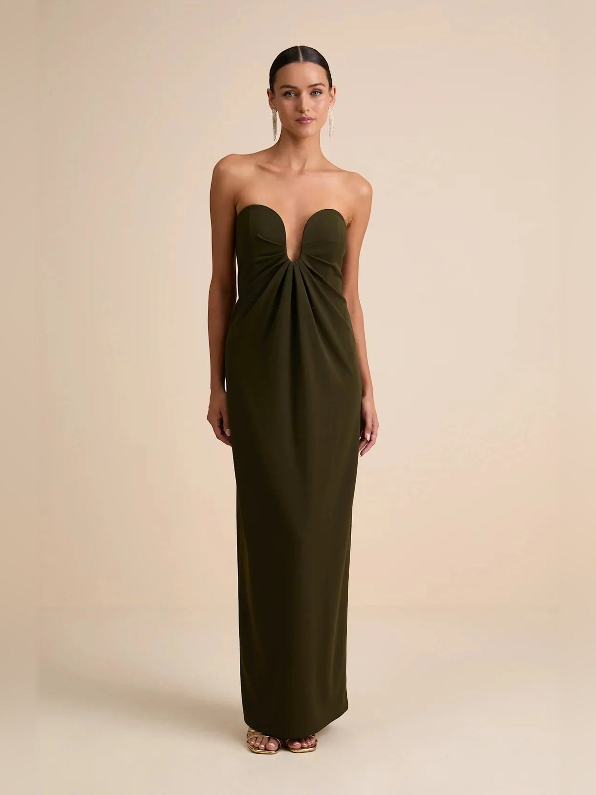 Olive green V-neck column maxi dress with gathered sweetheart bodice, strapless