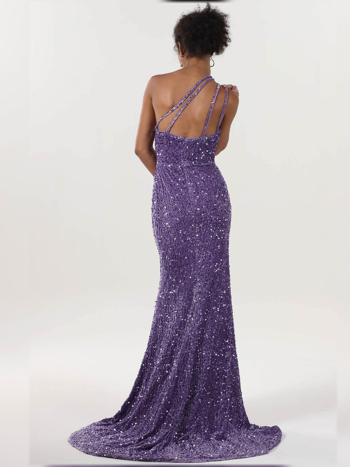 Lilac one-shoulder sequin backless strappy slit sheath formal dress
