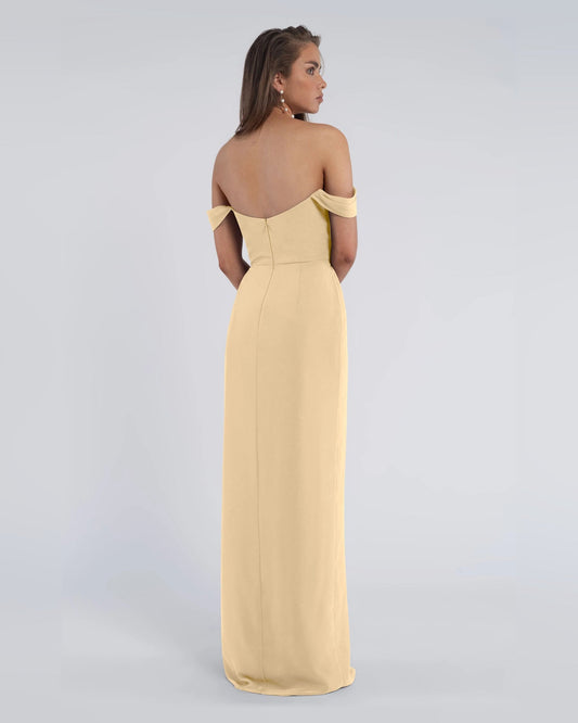 Light yellow A-line maxi formal dress, open back with off-shoulder draped design