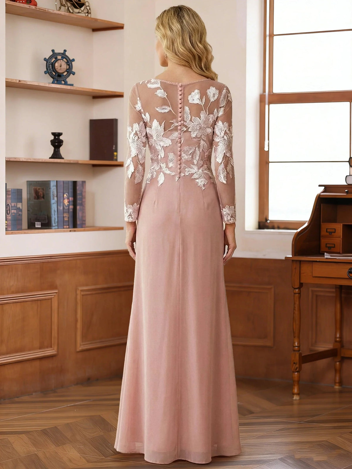 Blush pink floral lace long-sleeve A-line floor-length dress, open back view