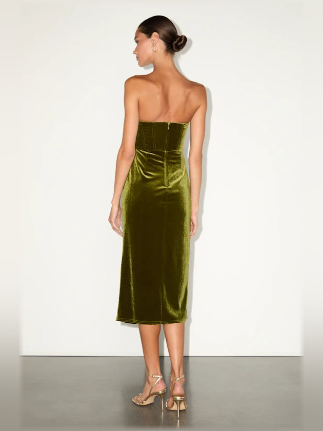 Olive velvet bustier midi formal dress, strapless back view, midi length