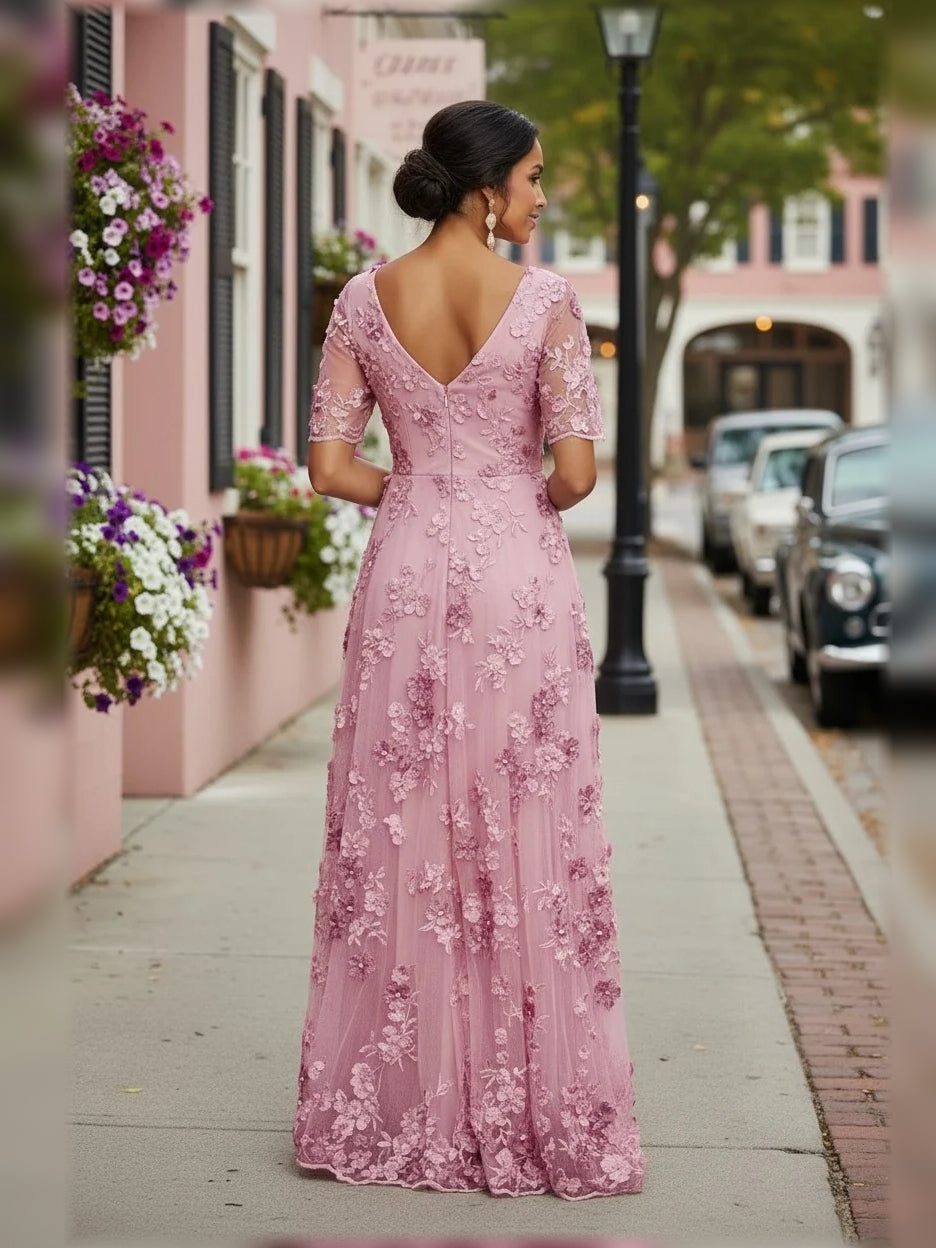 Dusty pink floral embroidered v-neck A-line tulle dress, open back view