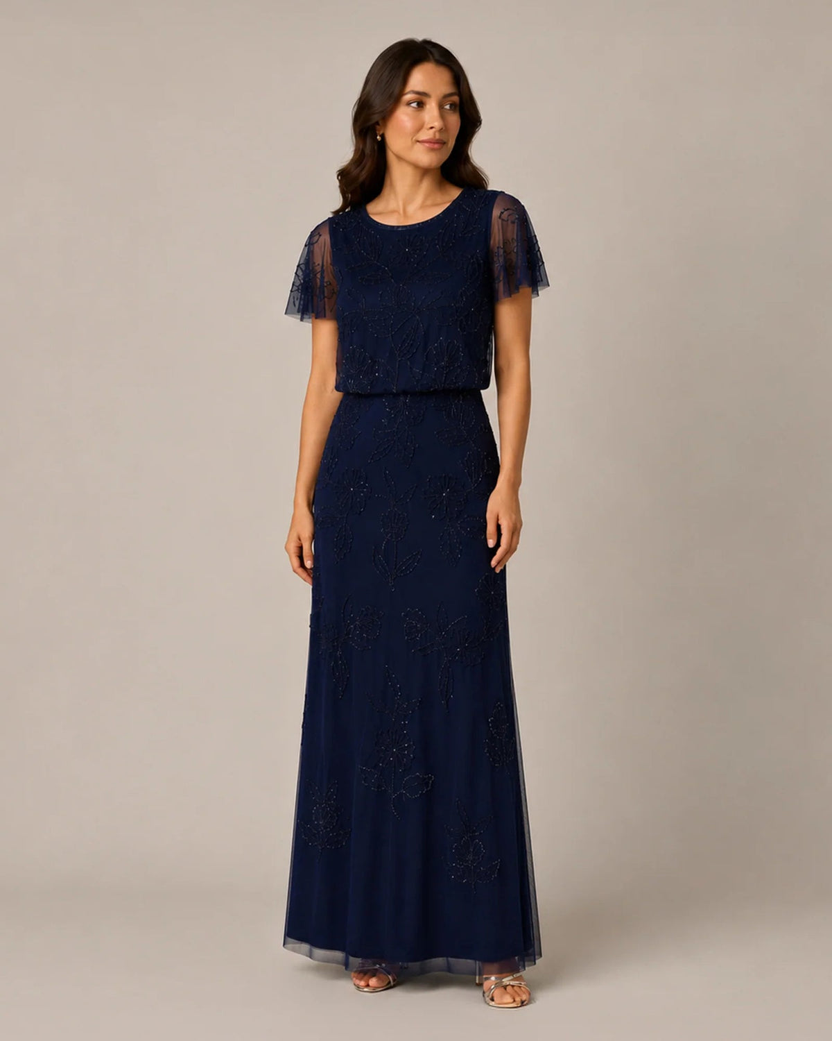 Navy floral embroidered maxi dress, fitted waist and flowing A-line skirt