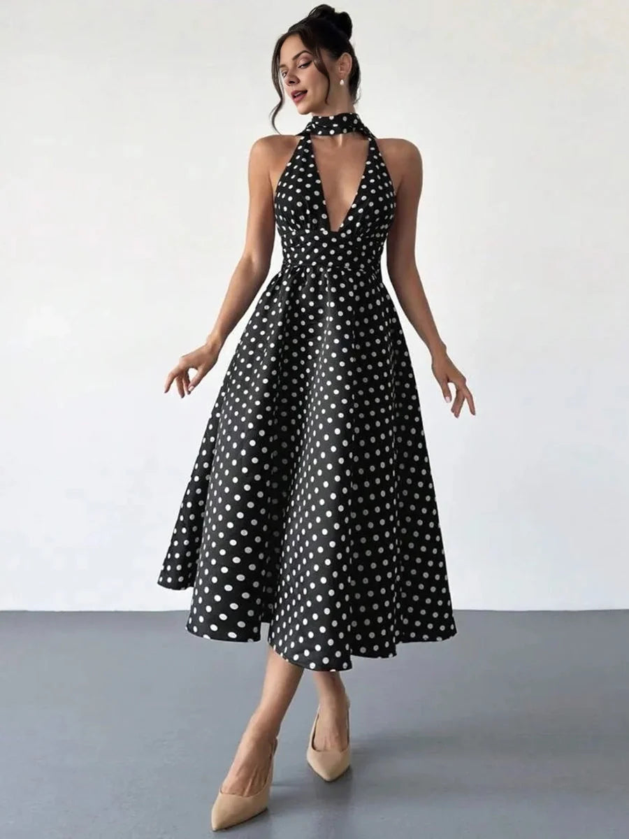 Black and white polka dot V-neck midi A-line dress, sleeveless halter with open back
