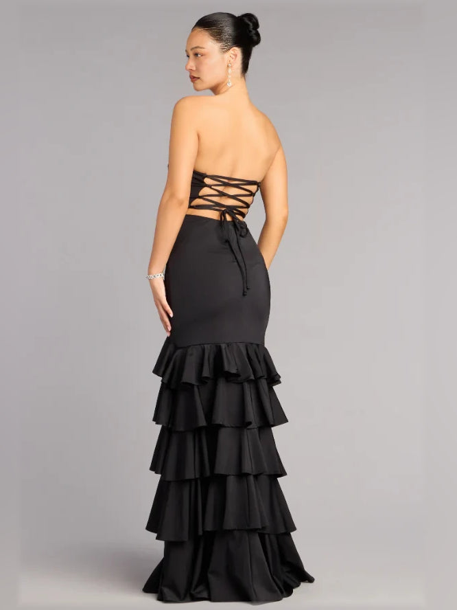 Black corset formal dress with crisscross back lacing and tiered ruffle skirt