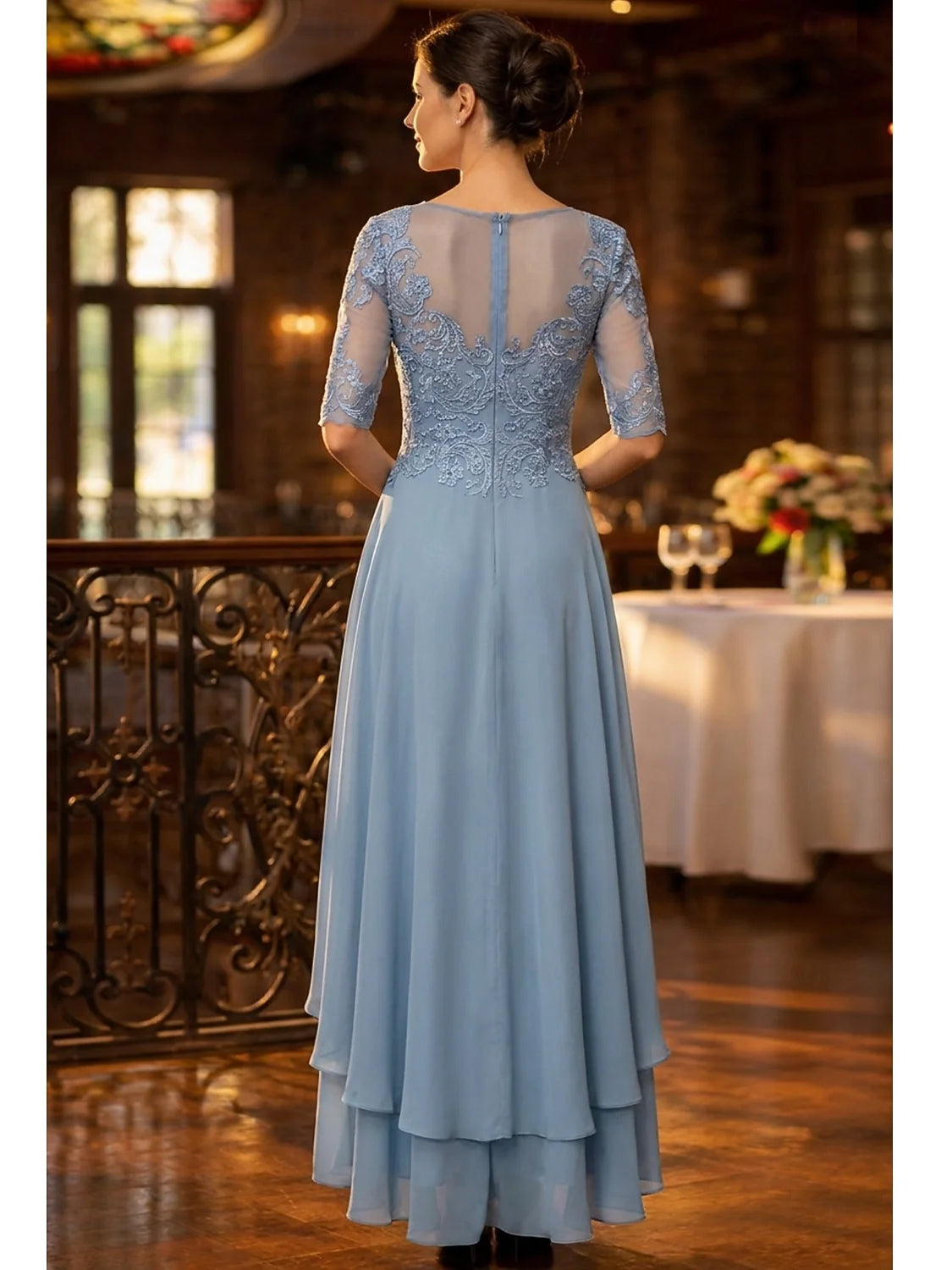 Floral embroidered chiffon A-line high-low dress, light blue, open back, 3/4 sleeves
