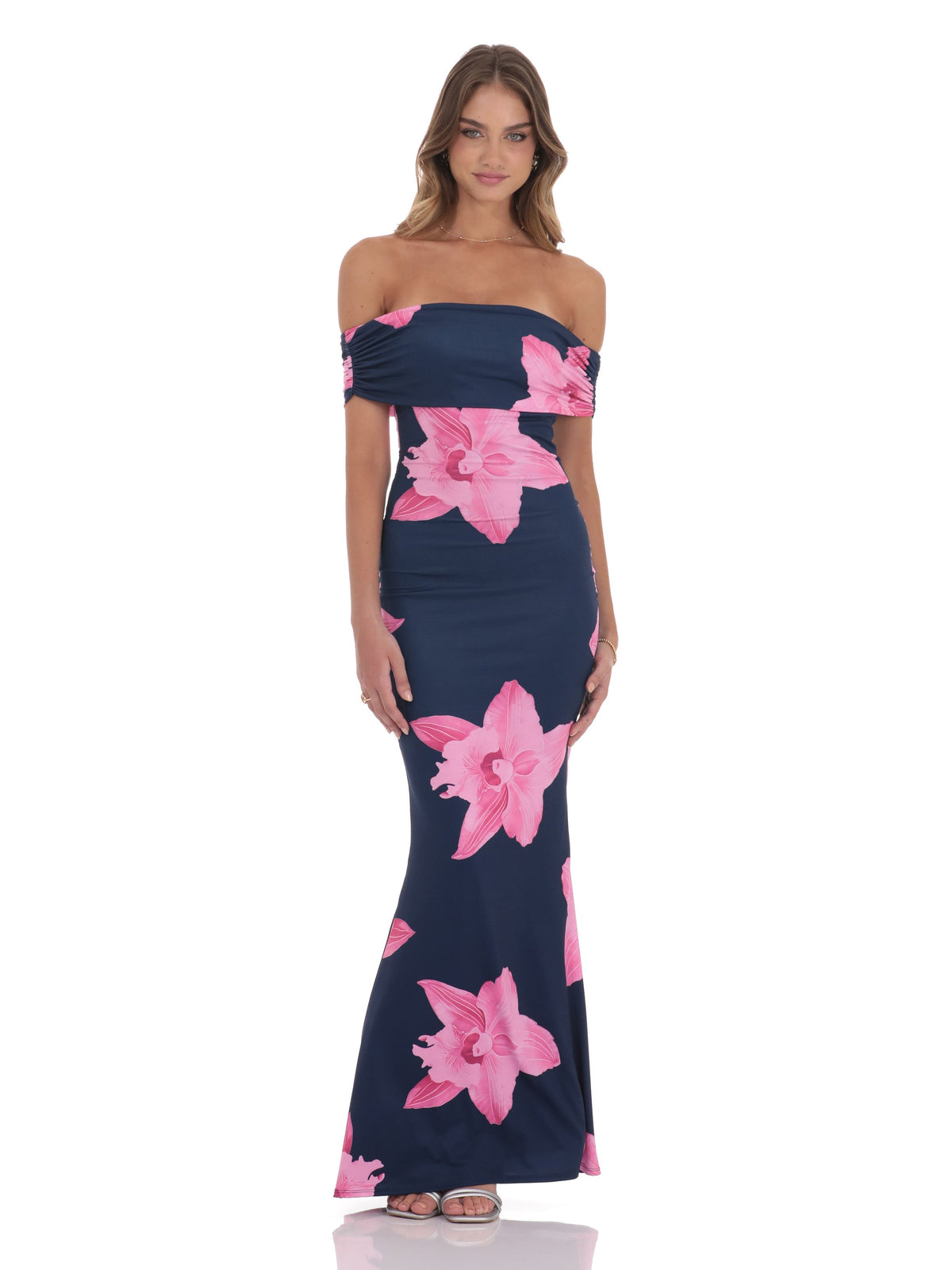 Navy bridesmaid dress with off shoulder neckline