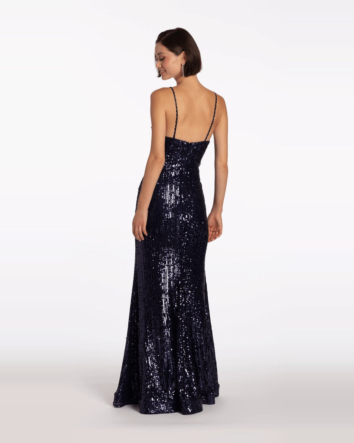 Navy sequin trumpet maxi prom dress with thin straps and open back