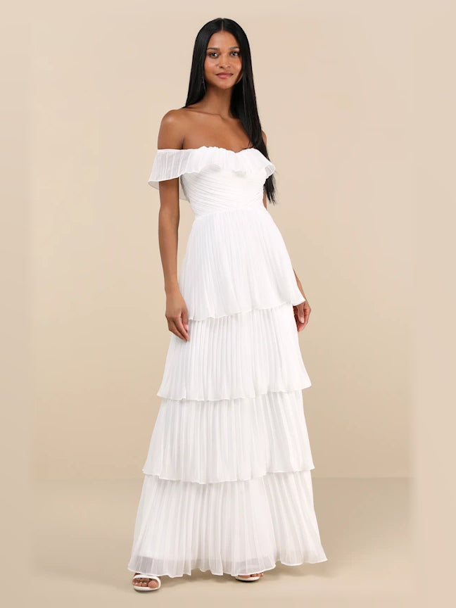 White formal dress with off shoulder neckline