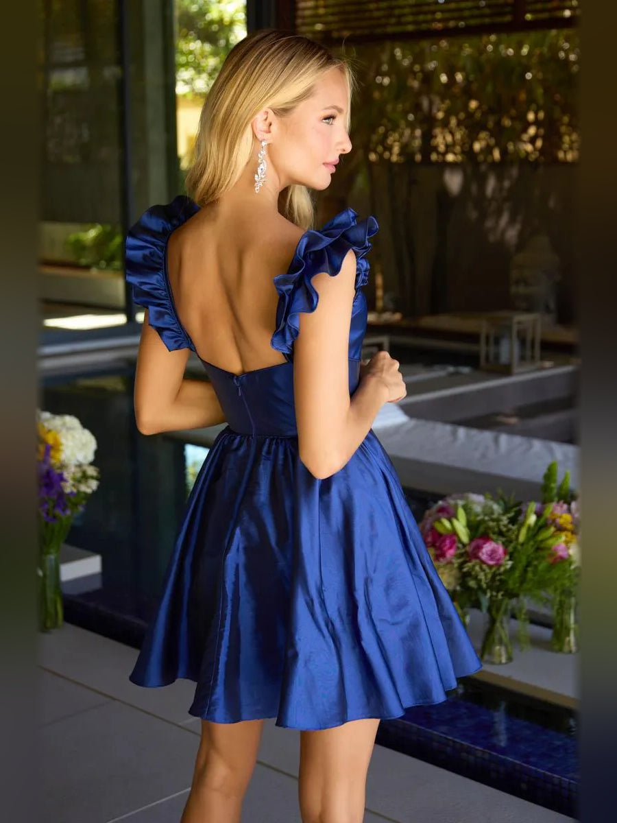 Dark blue satin mini dress back view with ruffled cap sleeves