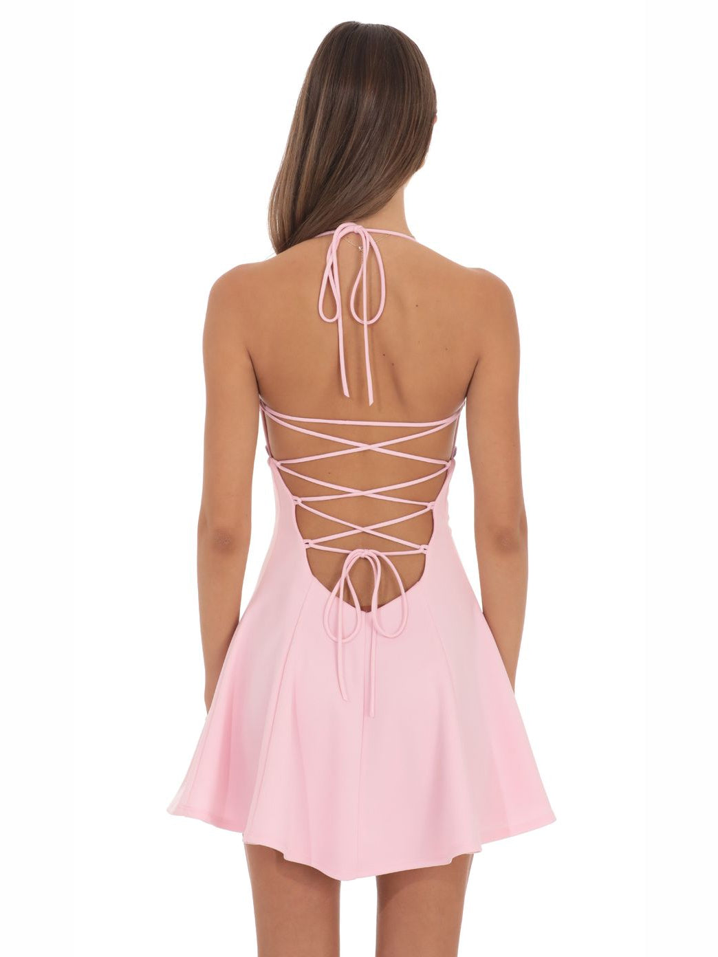 Pink fit-and-flare mini dress back with crisscross lace-up spaghetti straps