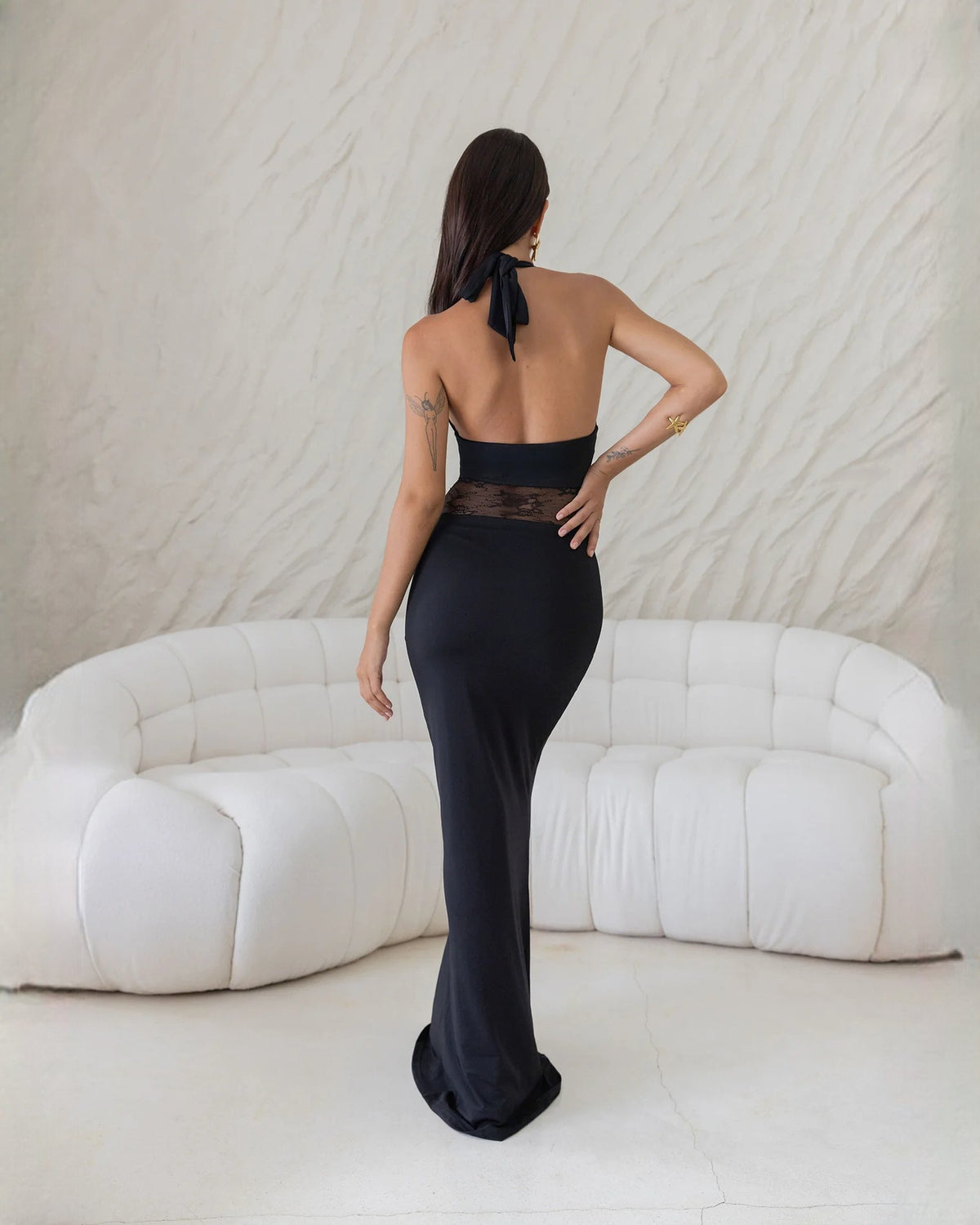 Black satin halter maxi dress, open back with lace midsection panel