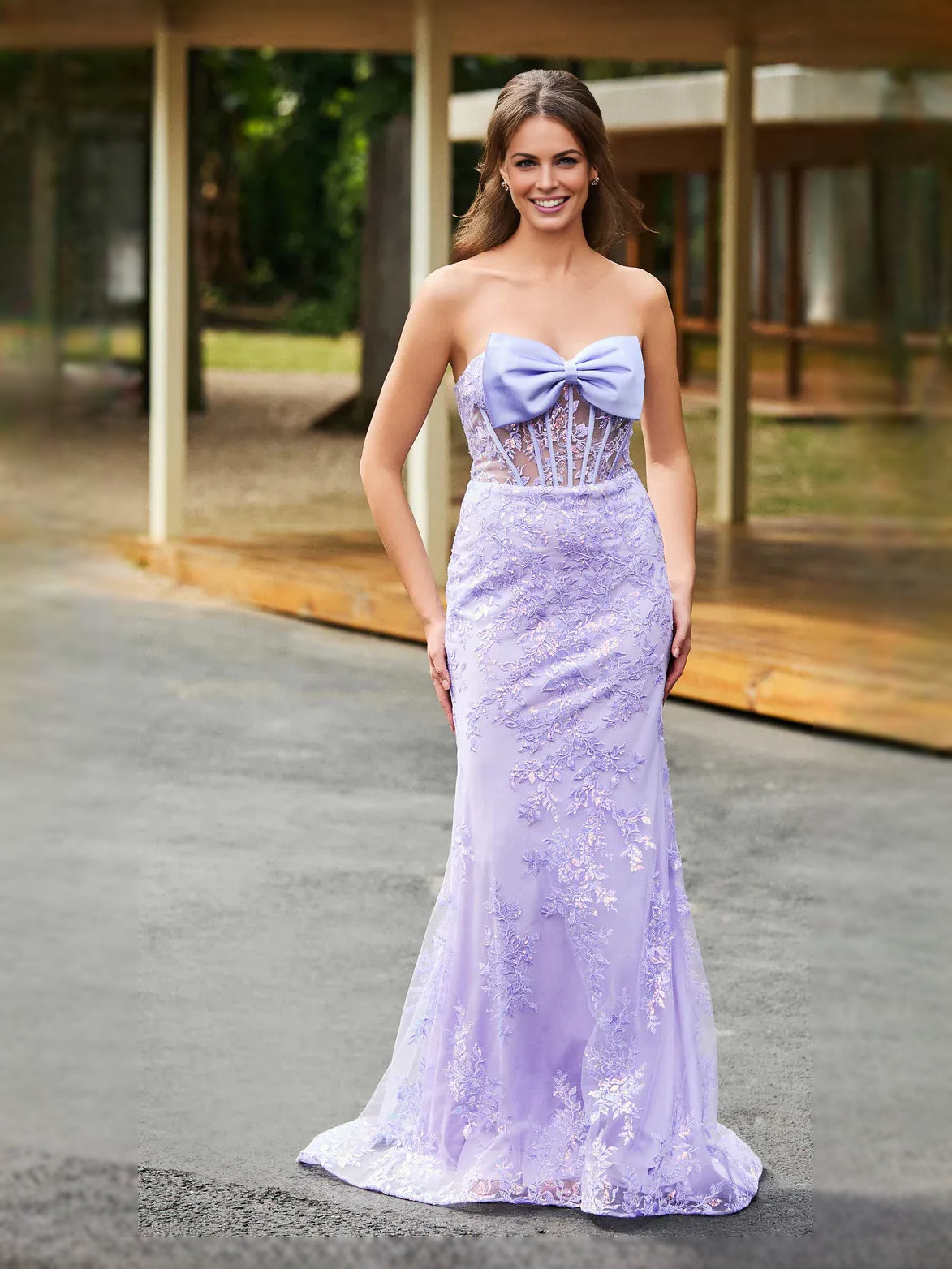 Lilac strapless mermaid prom dress with sweetheart neckline and large satin bow, floor length