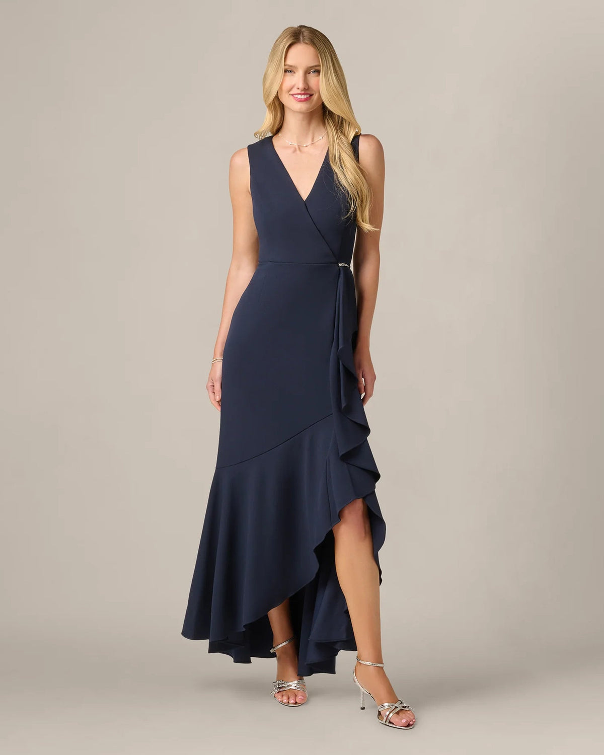 Midnight blue V-neck maxi dress with asymmetrical ruffle side drape and spaghetti straps