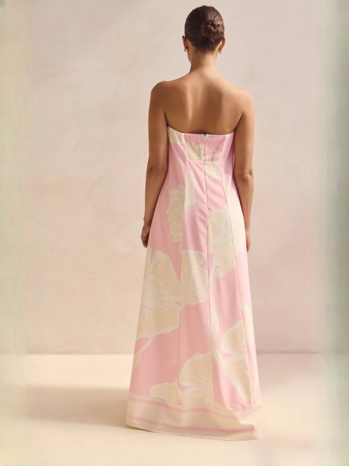Pink Cream Abstract Print a-line maxi formal dress with printed pattern, full-length back view