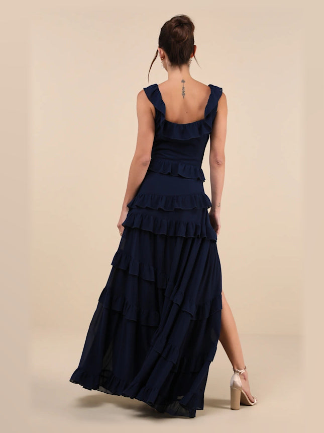 Dark Blue maxi formal dress, back full-length view showing the bodice