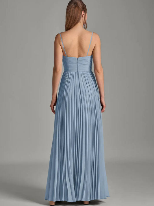 Dusty blue strapless chiffon A-line formal dress, open-back with pleated skirt