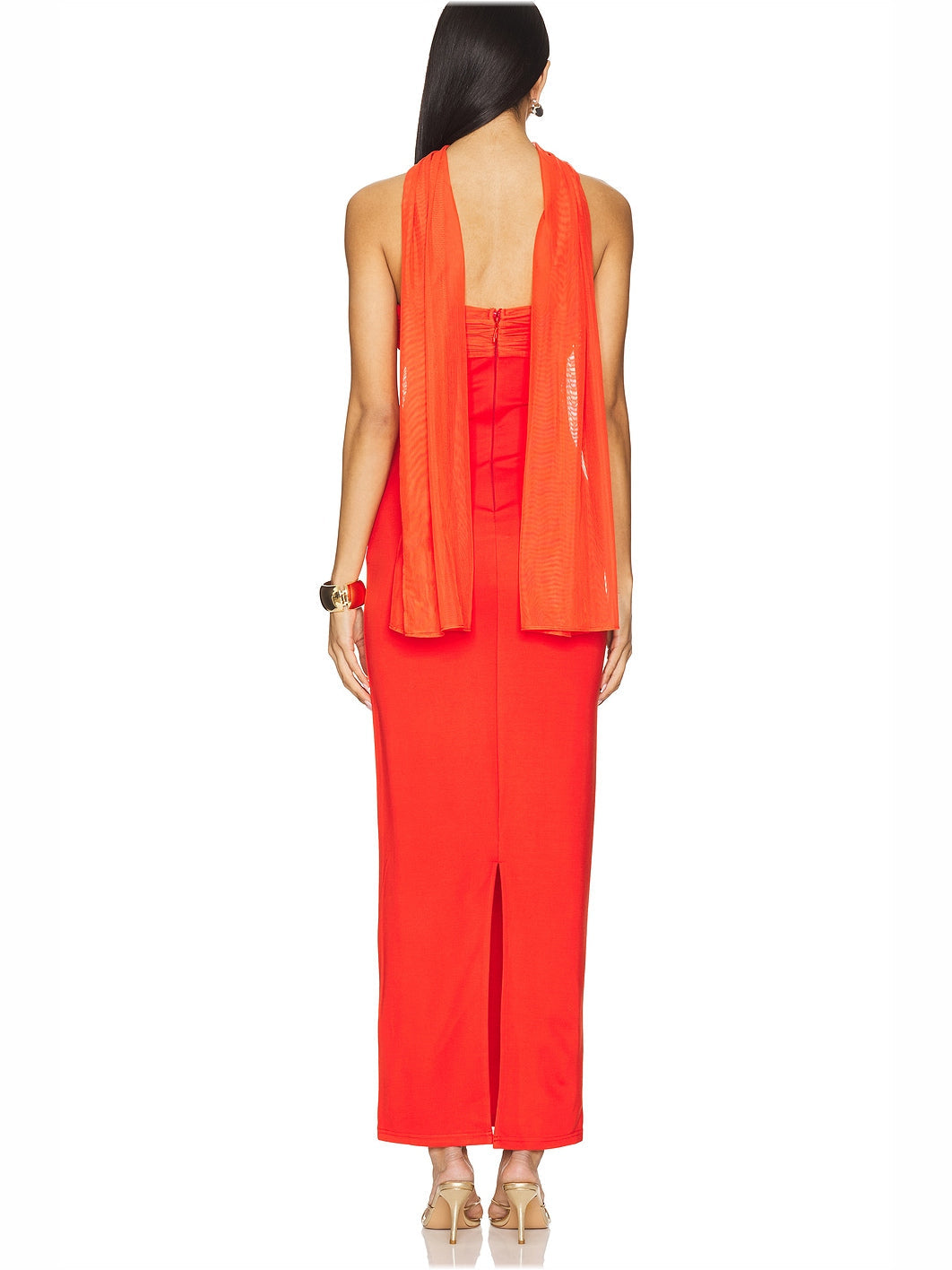 Bright Red sheath maxi formal dress with sheath, full-length back view