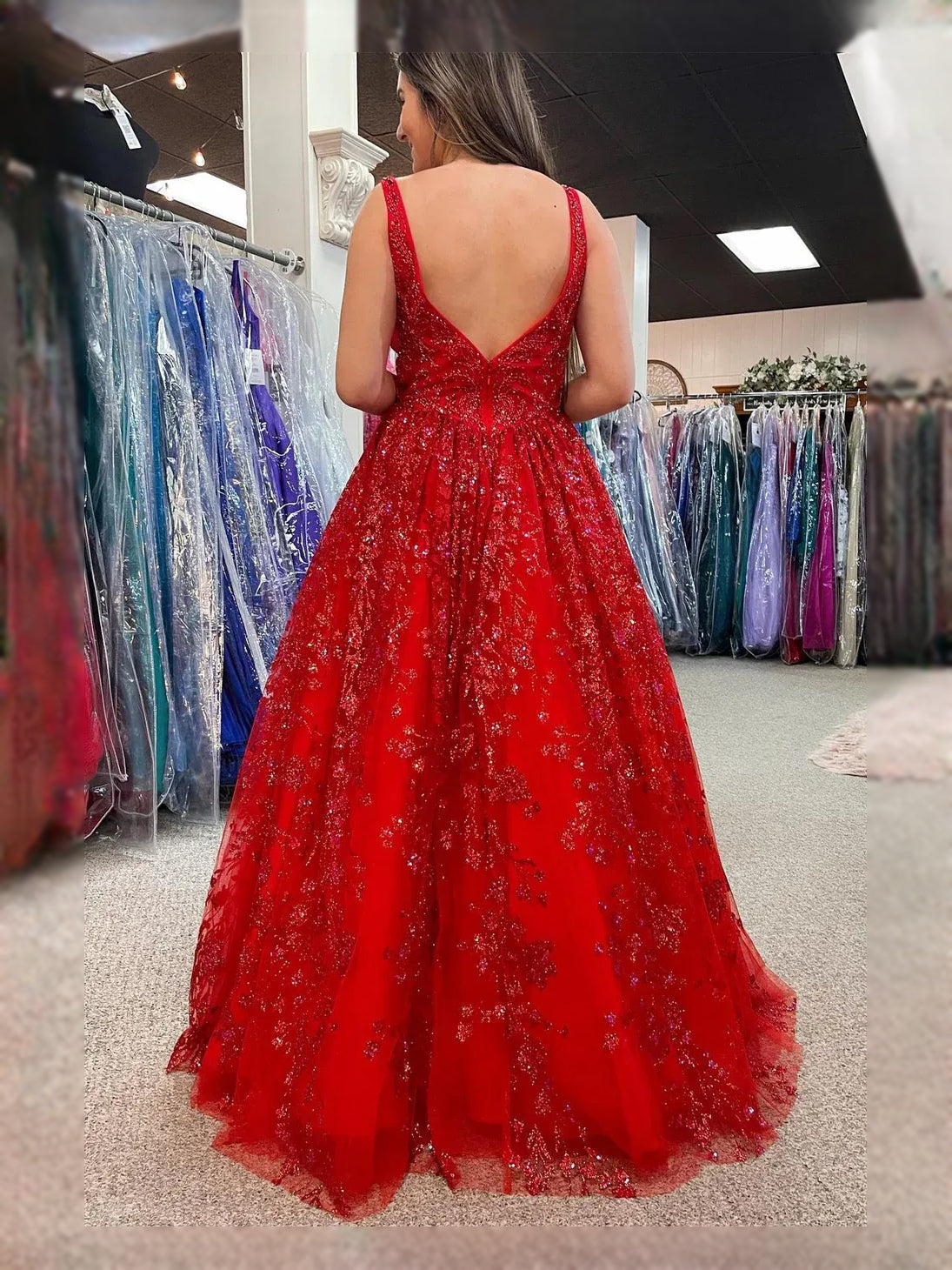 Red sequin floral A-line prom dress with open back and V-neck front